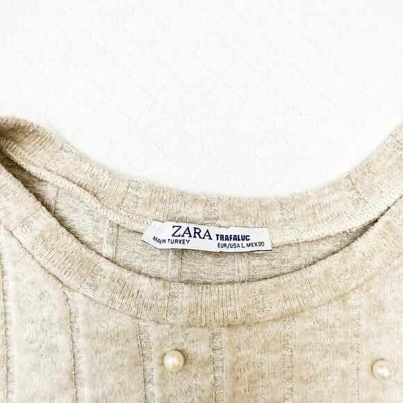 Zara Beige Pearl Studded Short Sleeve Shirt Size Large - Picture 2 of 3